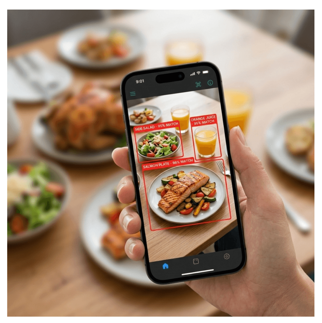 Hand holding phone over a plated meal — NutriVision detection